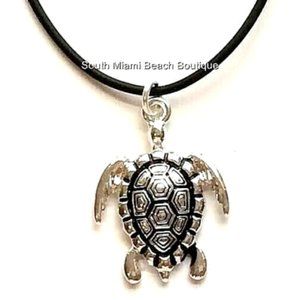 Sea Turtle Necklace Silver Plated Nautical Island Beach Black Cord 18" Sea Life